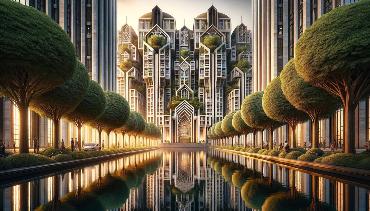 Futuristic cityscape with reflective waterway and green architecture.