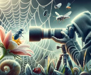 Photographer capturing insects in dew-covered fantasy world.