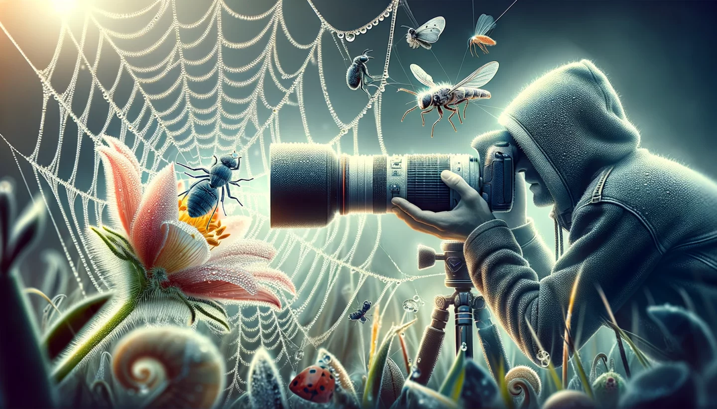 Photographer capturing insects in dew-covered fantasy world.