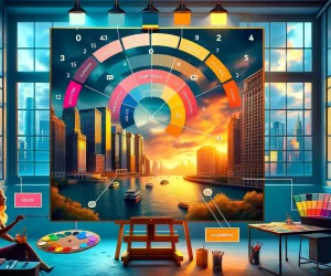 Colorful art studio overlooking urban sunset.