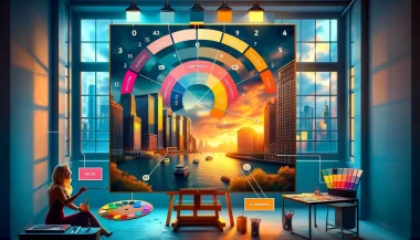 Colorful art studio overlooking urban sunset.