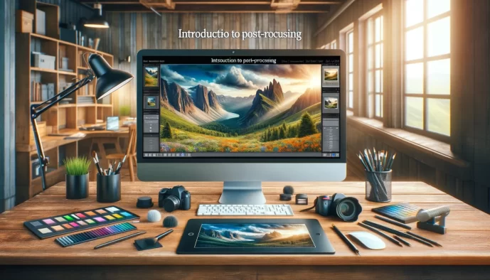 Photography post-processing workspace with computer and equipment.