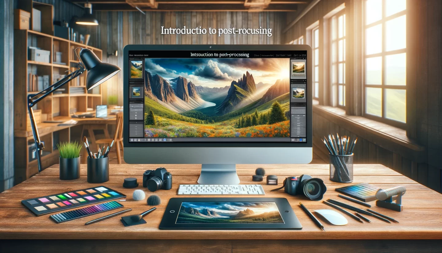 Photography post-processing workspace with computer and equipment.