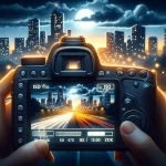 Appareil photo reflex numérique capturant un paysage urbain illuminé la nuit.