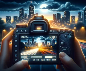 DSLR camera capturing illuminated cityscape at night.