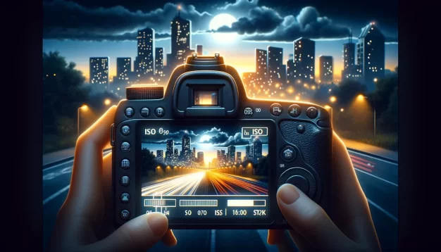 DSLR camera capturing illuminated cityscape at night.