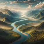 Paysage de montagne brumeux avec rivière et forêt au lever du soleil.
