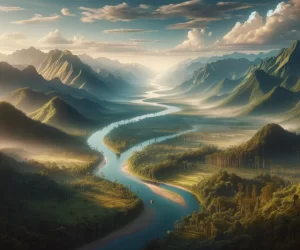 Misty mountain landscape with river and forest at sunrise.