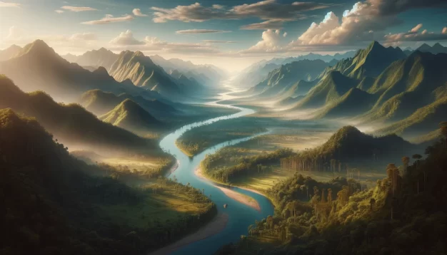Paysage de montagne brumeux avec rivière et forêt au lever du soleil.