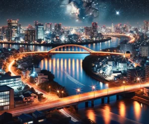 Illuminated cityscape with river and bridge at night.