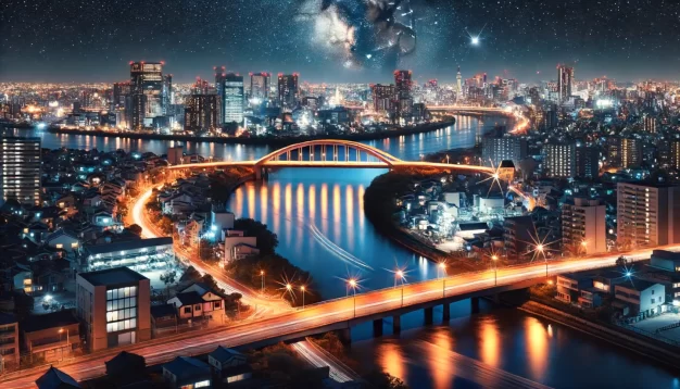 Illuminated cityscape with river and bridge at night.