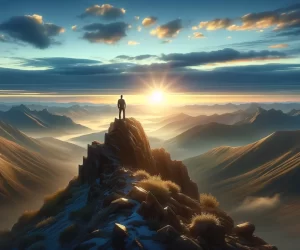 Person on mountain peak during sunrise with panoramic view