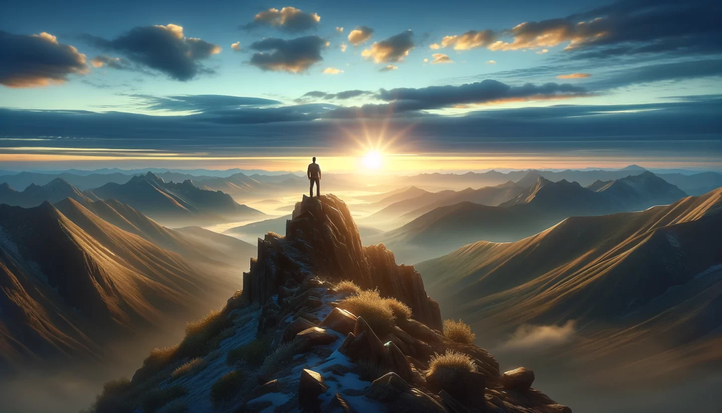 Person on mountain peak during sunrise with panoramic view