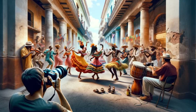 Danseurs et musiciens de rue dans un spectacle culturel vibrant.