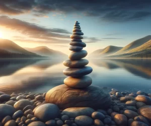 Stacked stones at tranquil mountain lake sunrise.