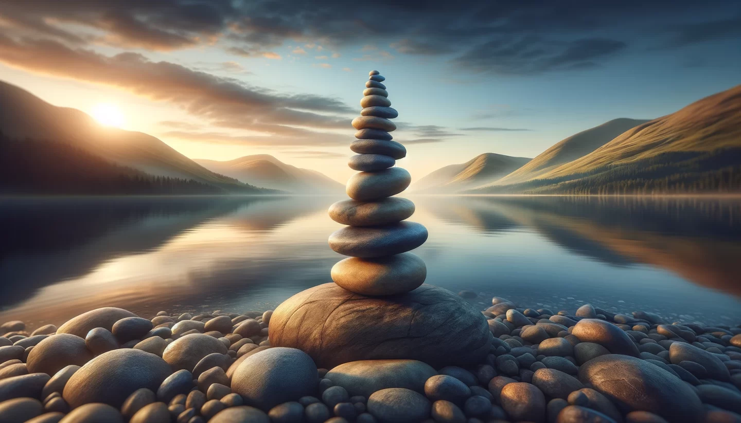 Stacked stones at tranquil mountain lake sunrise.