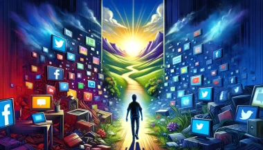 Person walking toward sunlight amidst social media icons.