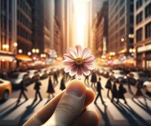 Person holding flower on busy city street at sunset.