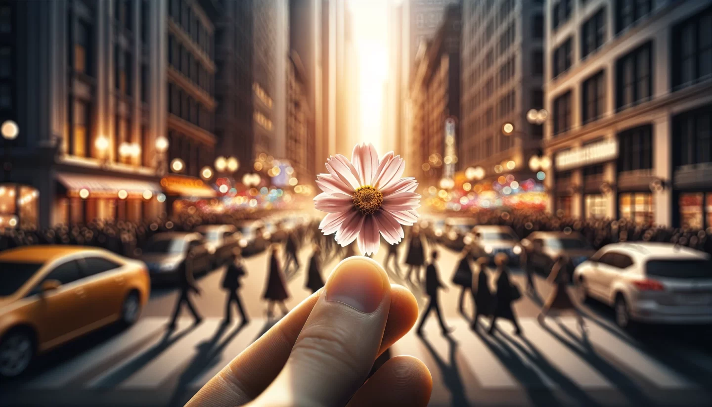 Personne tenant une fleur dans une rue animée au coucher du soleil.