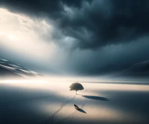 Arbre solitaire dans un paysage serein et enneigé avec un bateau.