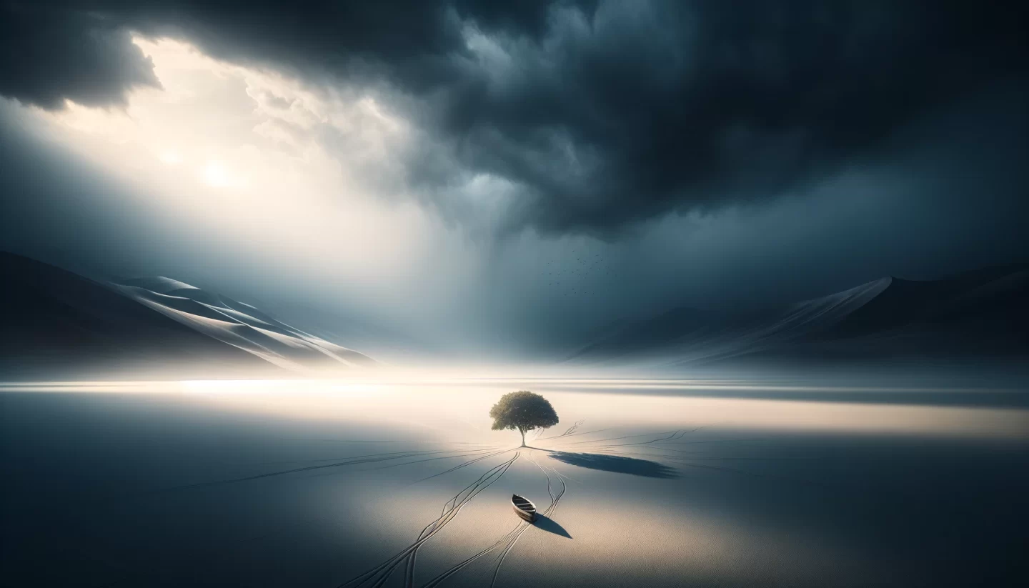 Arbre solitaire dans un paysage serein et enneigé avec un bateau.