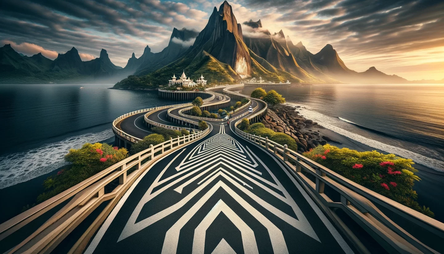 Winding coastal road with mountains and scenic ocean view