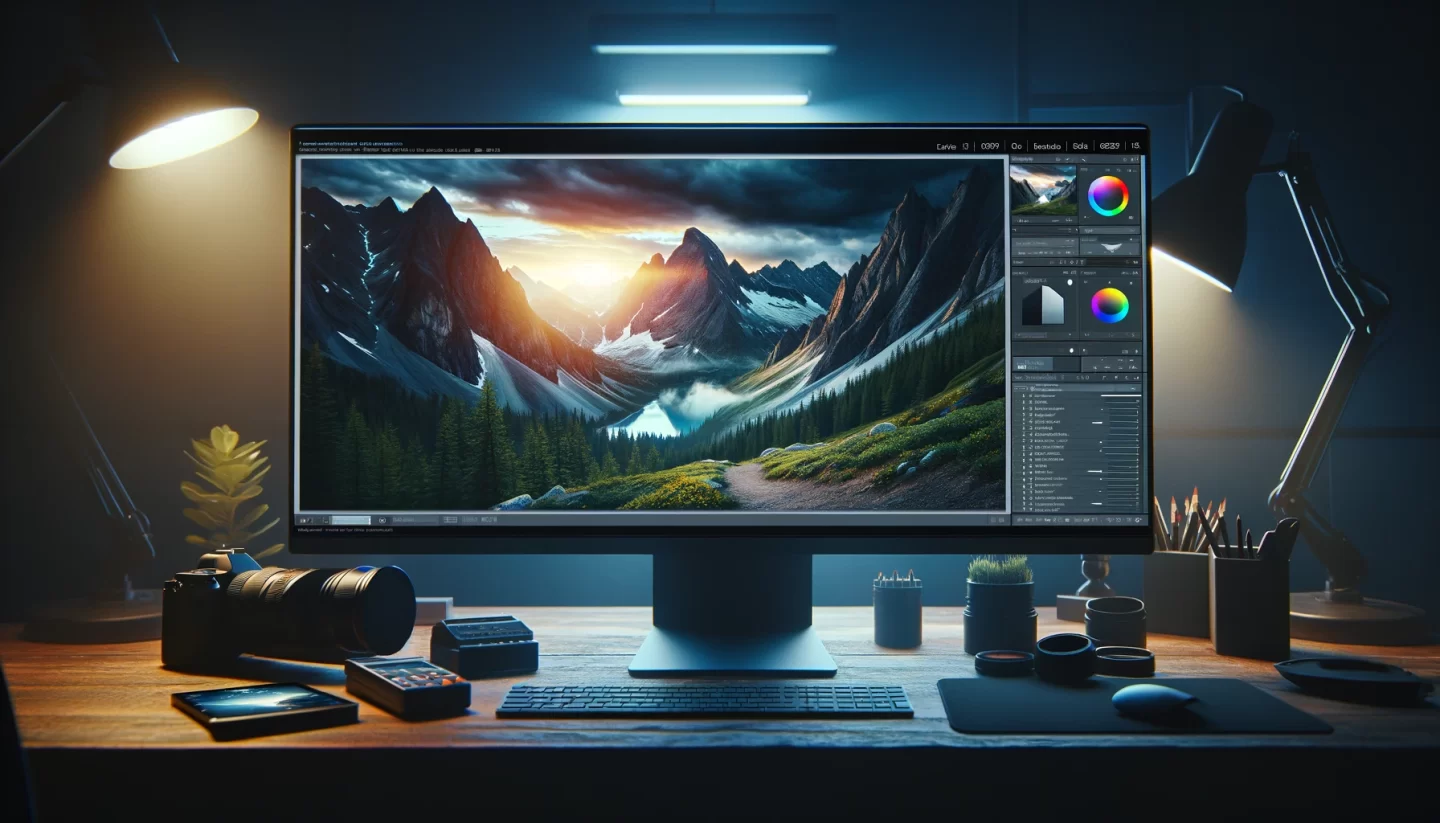 Photo editing workstation with mountain landscape on display.