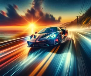 Sports car speeding at sunset on coastal road.