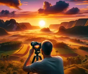 Photographer capturing sunrise over scenic mountains and valley