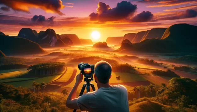 Photographer capturing sunrise over scenic mountains and valley