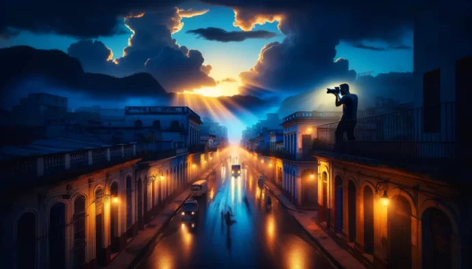 Photographer capturing sunset over rainy city street.