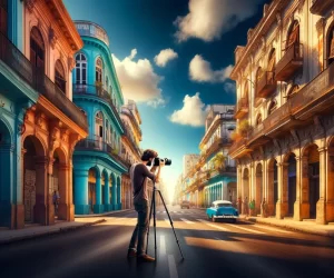 Photographer capturing vibrant historic street scene.