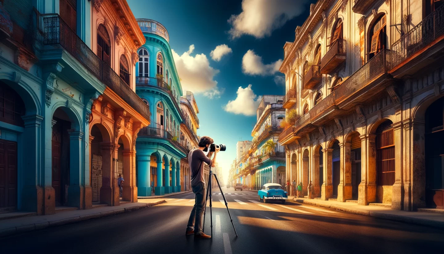 Photographe capturant une scène de rue historique vibrante.