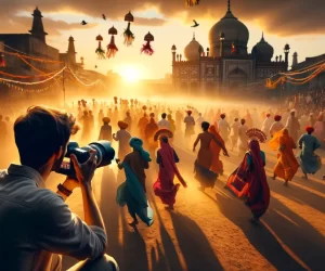 Photographer capturing vibrant festival in India at sunset.