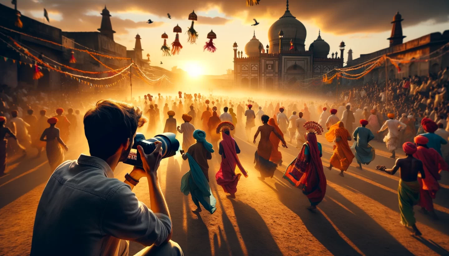 Photographer capturing vibrant festival in India at sunset.