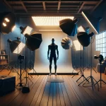 Silhouetted person in a professional photography studio setup.
