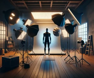 Silhouetted person in a professional photography studio setup.