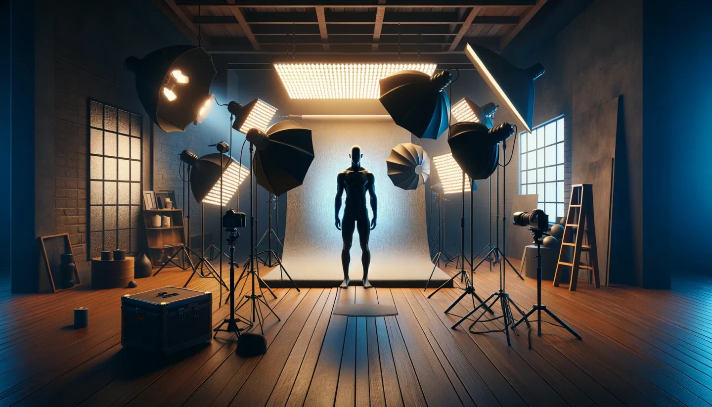 Silhouetted person in a professional photography studio setup.