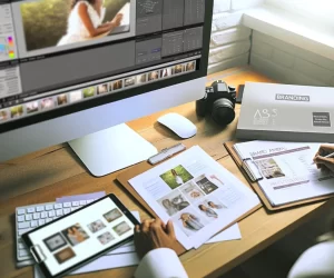 Graphiste travaillant sur un projet d'image de marque avec un ordinateur.