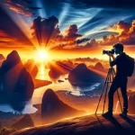 Photographer capturing sunset over mountains and river.