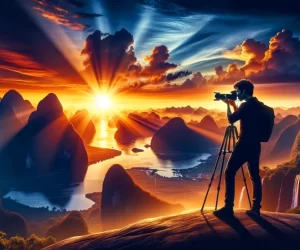 Photographer capturing sunset over mountains and river.