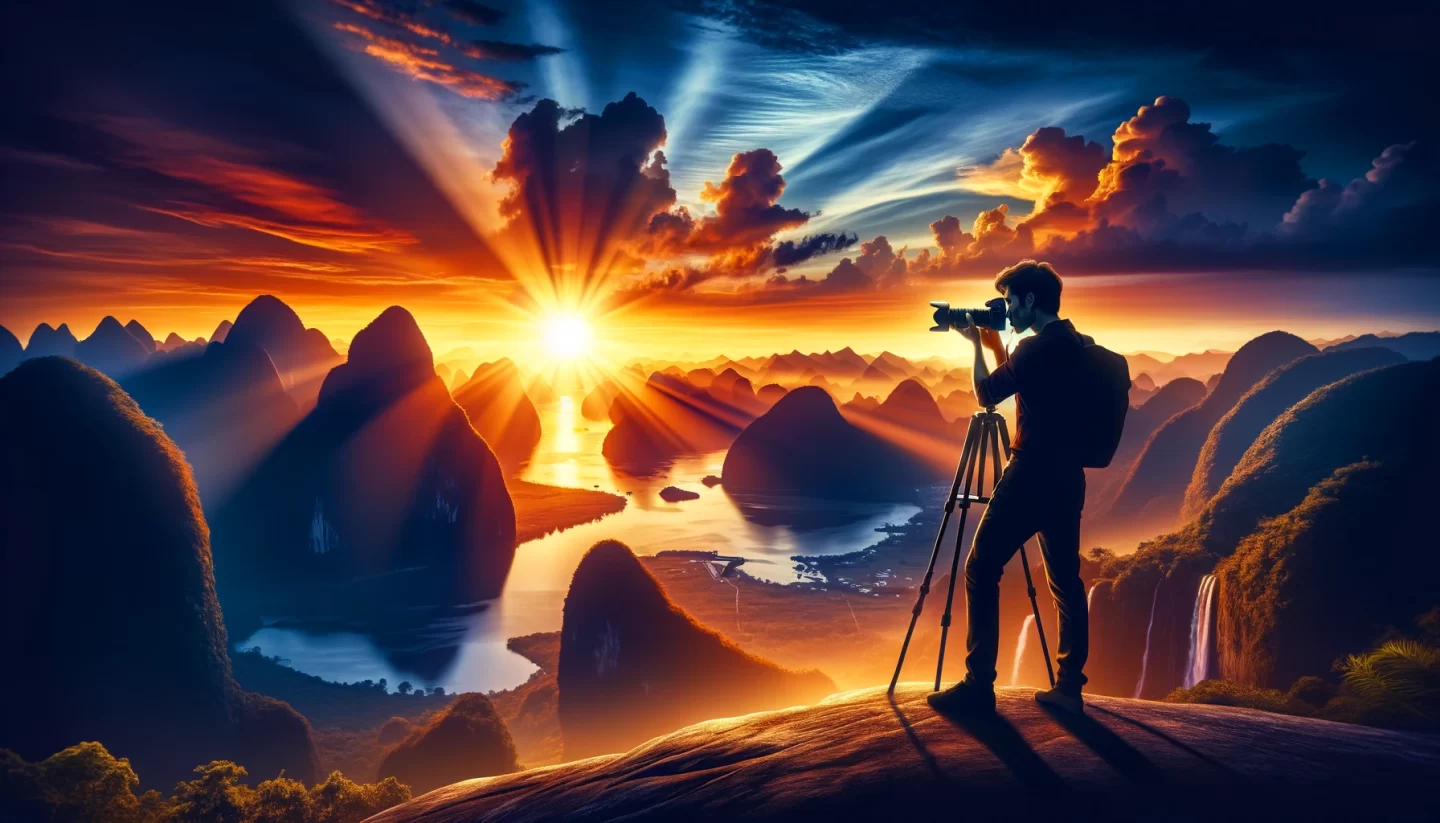 Photographe capturant le coucher de soleil sur les montagnes et la rivière.