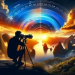 Photographer capturing sunset over misty mountains with camera HUD.