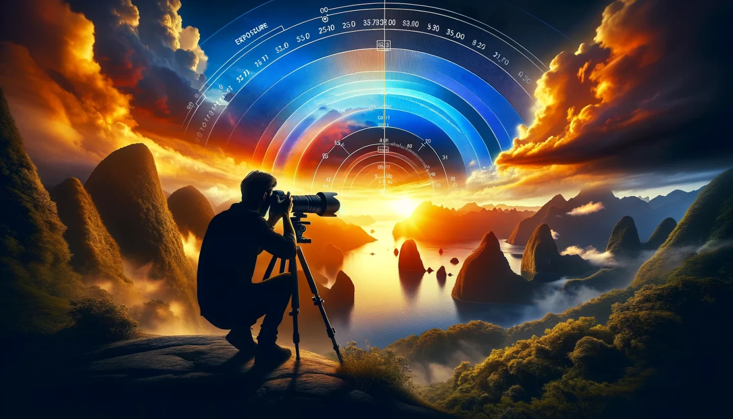 Photographer capturing sunset over misty mountains with camera HUD.