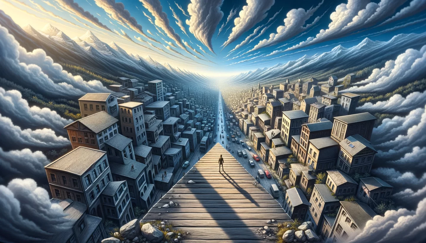 Surreal artwork of cityscape, clouds, and distant mountains.