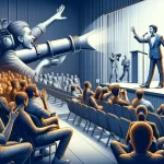 Illustration of an audience engaging with stage speakers.