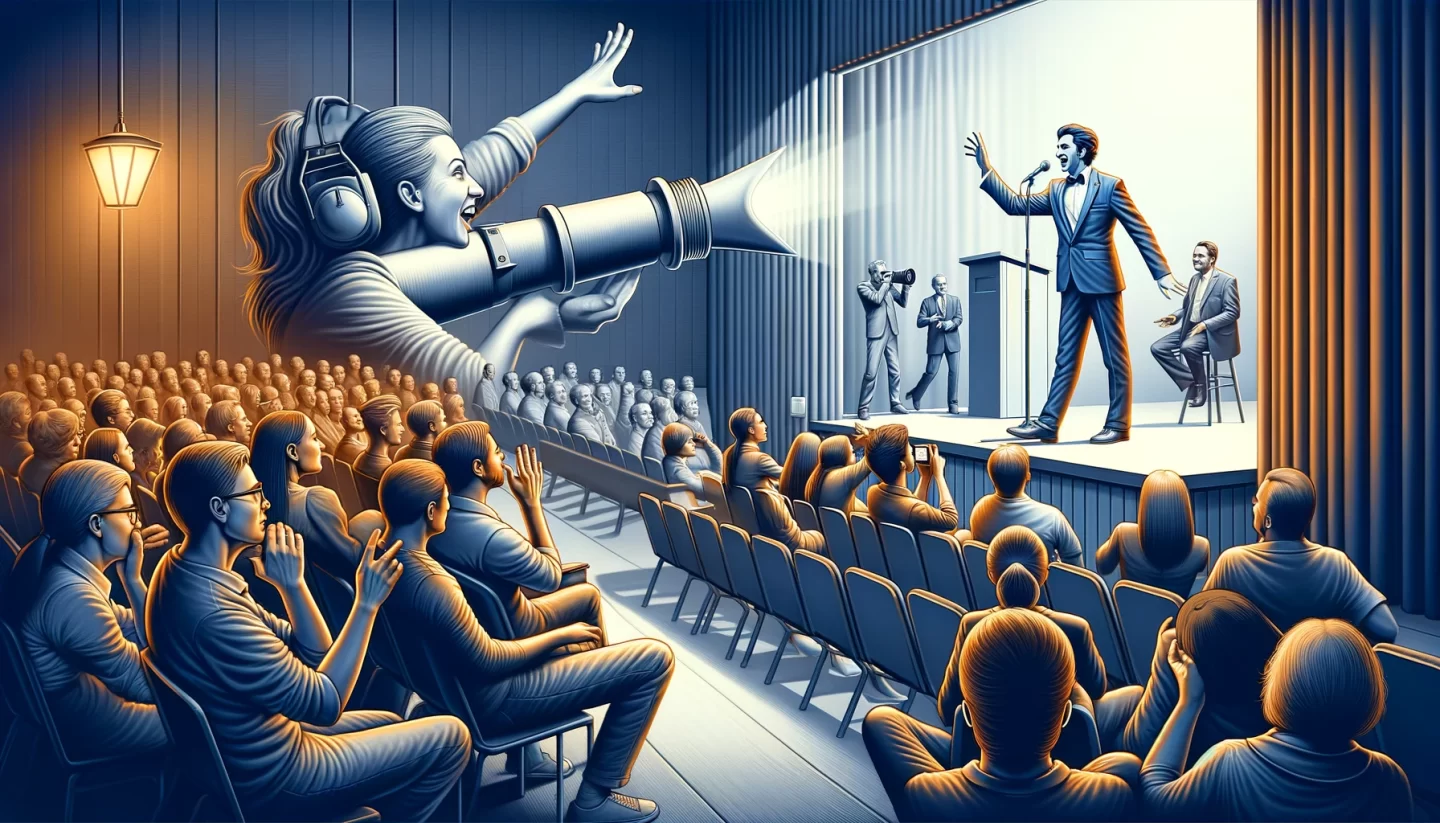 Illustration d'un public dialoguant avec des intervenants sur scène.