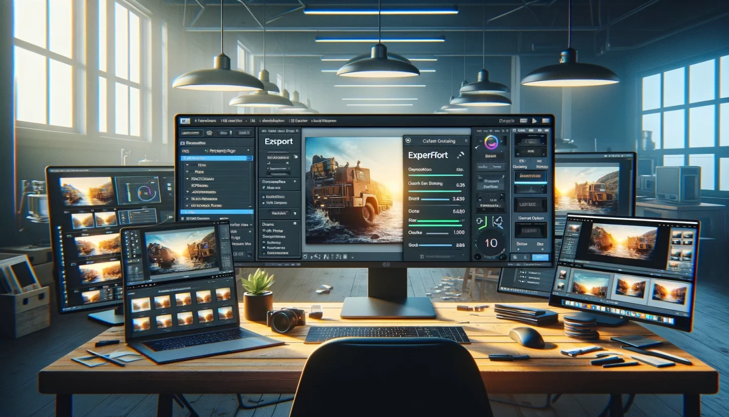 Modern photo editing workstation with multiple displays.