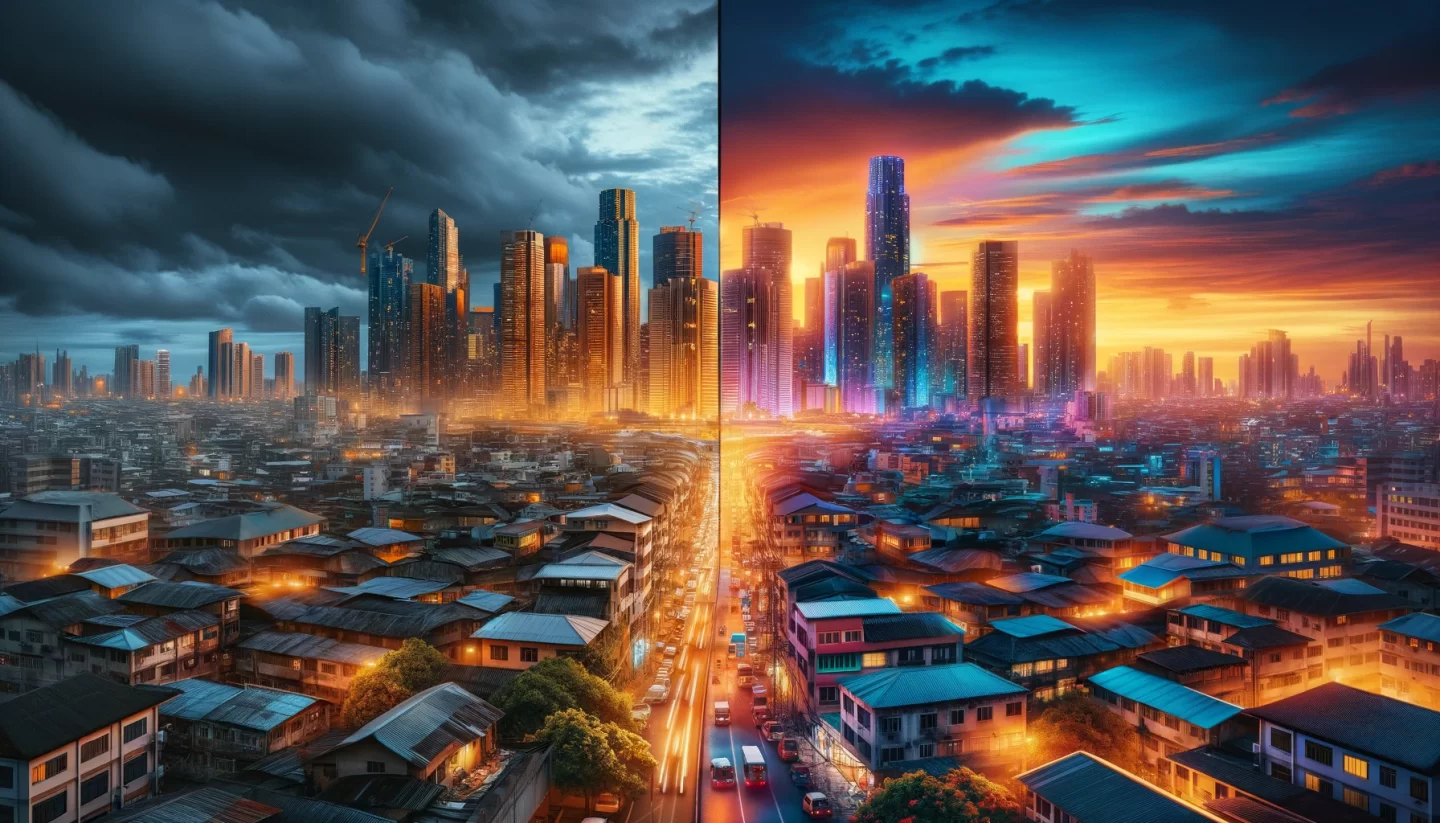 Day-to-night cityscape transition, urban skyline.
