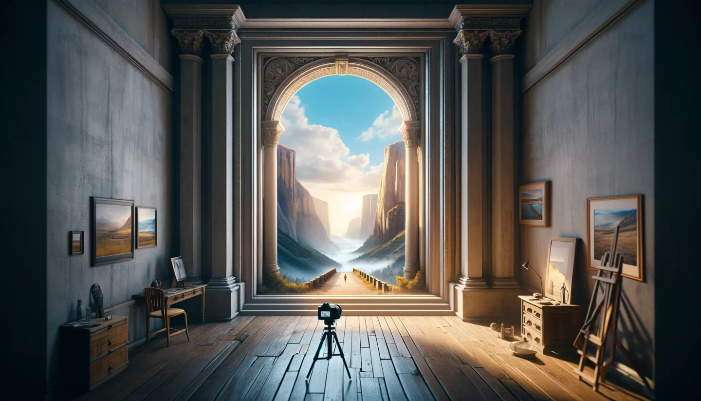 Room with surreal mountain view through arch doorway.